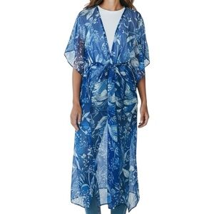 NWT LUCKY BRAND Blue Floral Tie Waist Kimono Cover-Up Size OS
